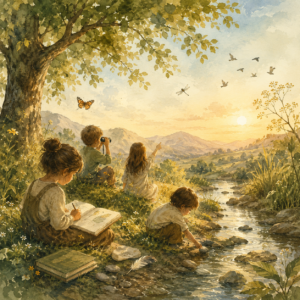 Illustration aquarelle représentant des enfants observant la nature au bord d'un ruisseau, symbole de l'émerveillement et de l'apprentissage par l'observation.